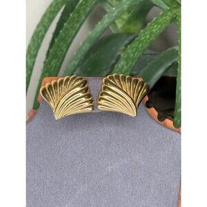 Vintage Monet Gold Shell Fan Clip Earrings Sculptural Statement Jewelry